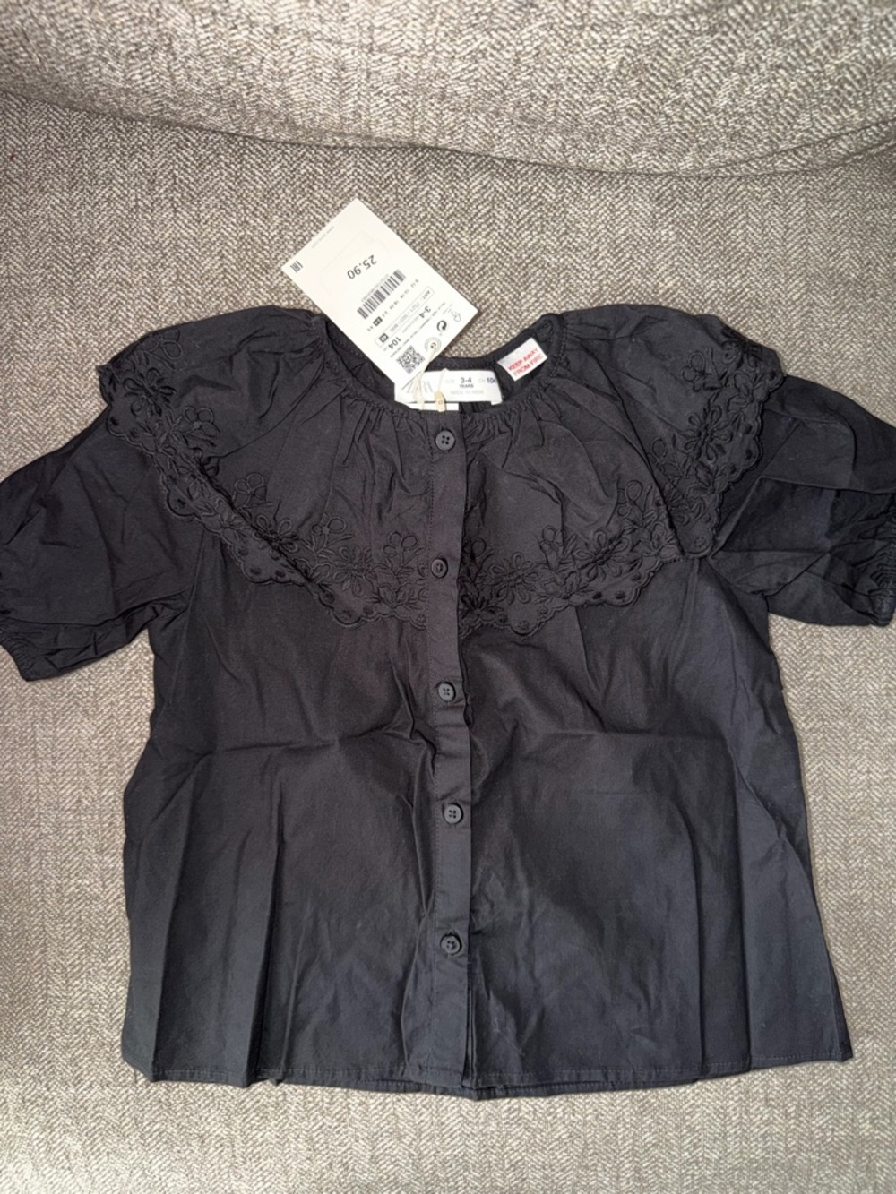 Zara Black Embroidered Collar Button-Front Kids Blouse